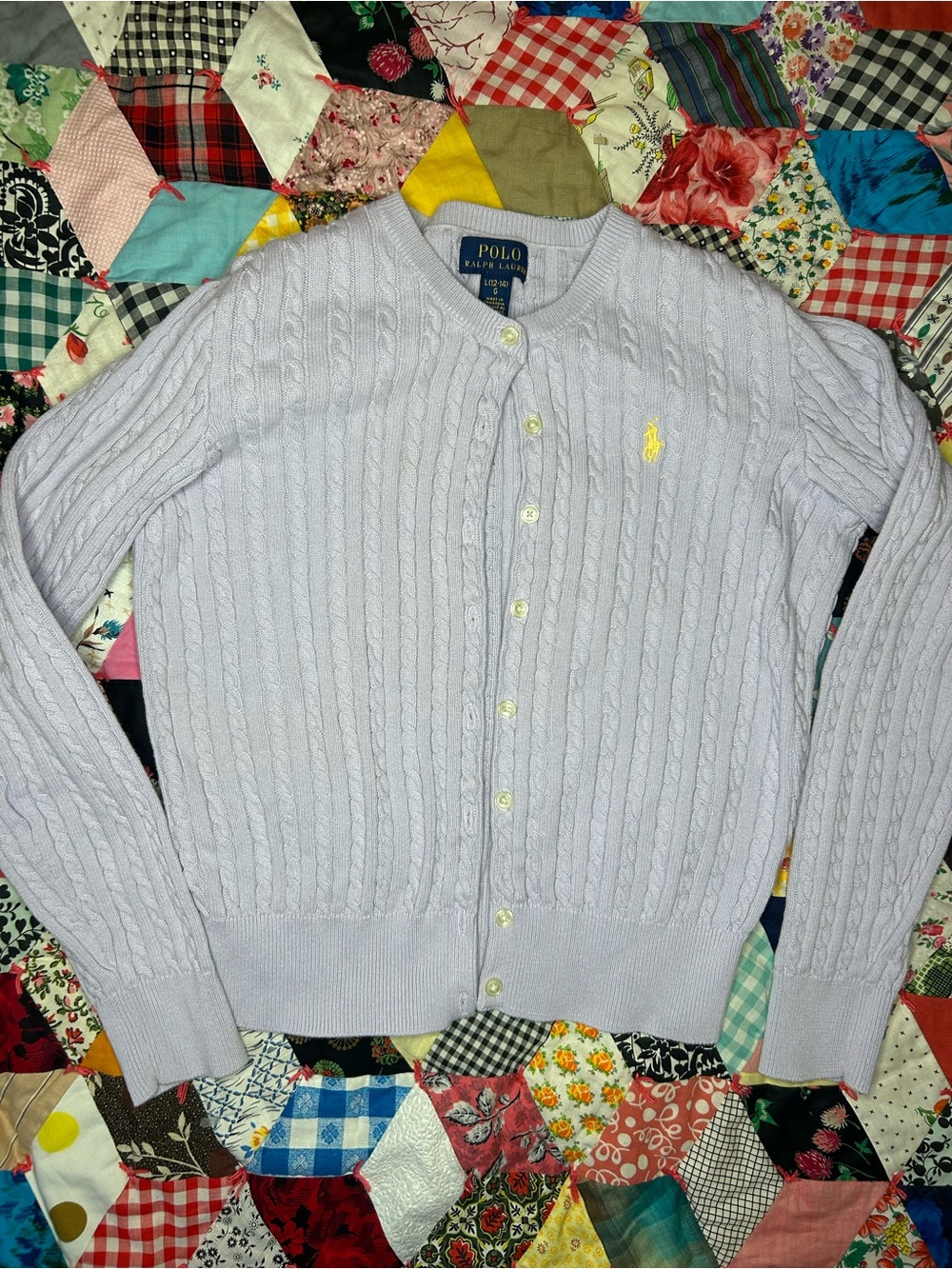 Polo by Ralph Lauren Pale Blue Cable-Knit Cardigan with Yellow Pony 12-14